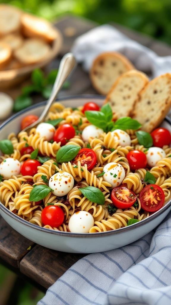 A bowl of fresh Caprese pasta salad with cherry tomatoes, mozzarella balls, and basil leaves.
