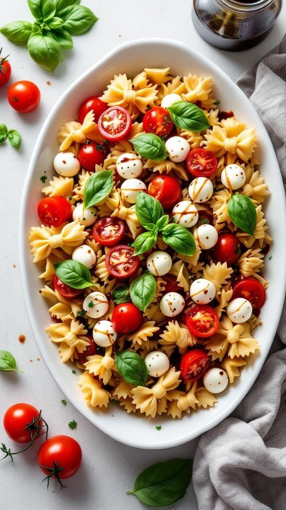 A vibrant Caprese pasta salad with tomatoes, mozzarella, and basil in a white serving dish.
