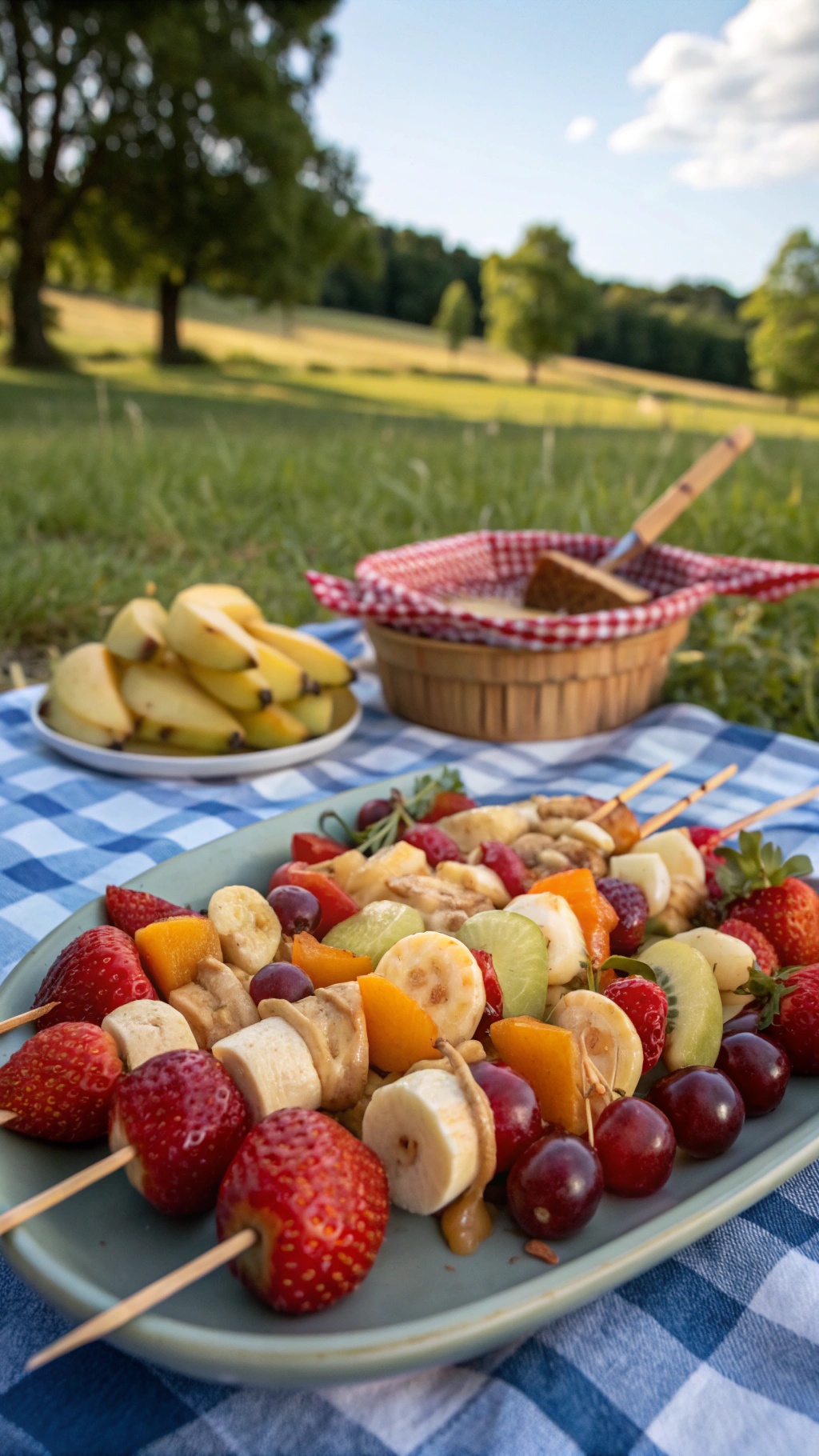 A plate of colorful fruit skewers with strawberries, bananas, and grapes, served with a bowl of nut butter.