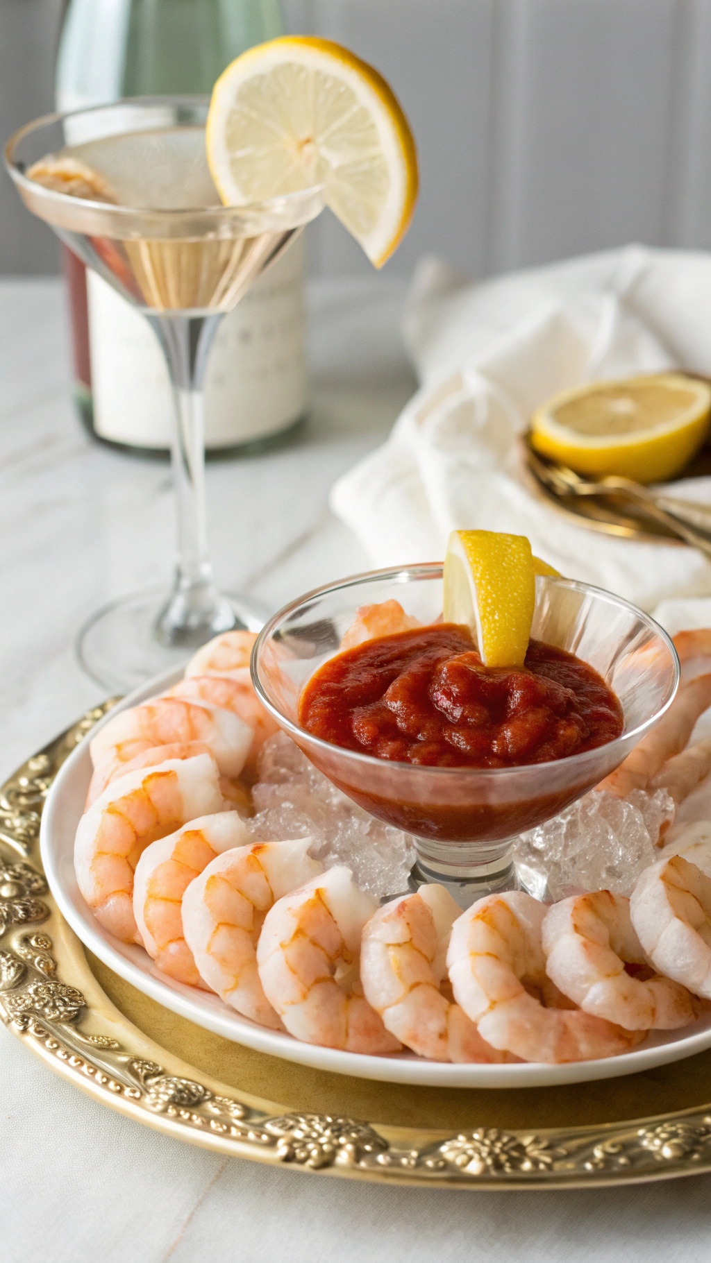 A plate of fresh shrimp cocktail served with zesty sauce and lemon wedges
