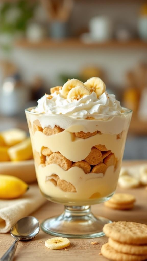 A glass dish filled with layers of banana pudding, whipped cream, and banana slices, with vanilla wafers visible.
