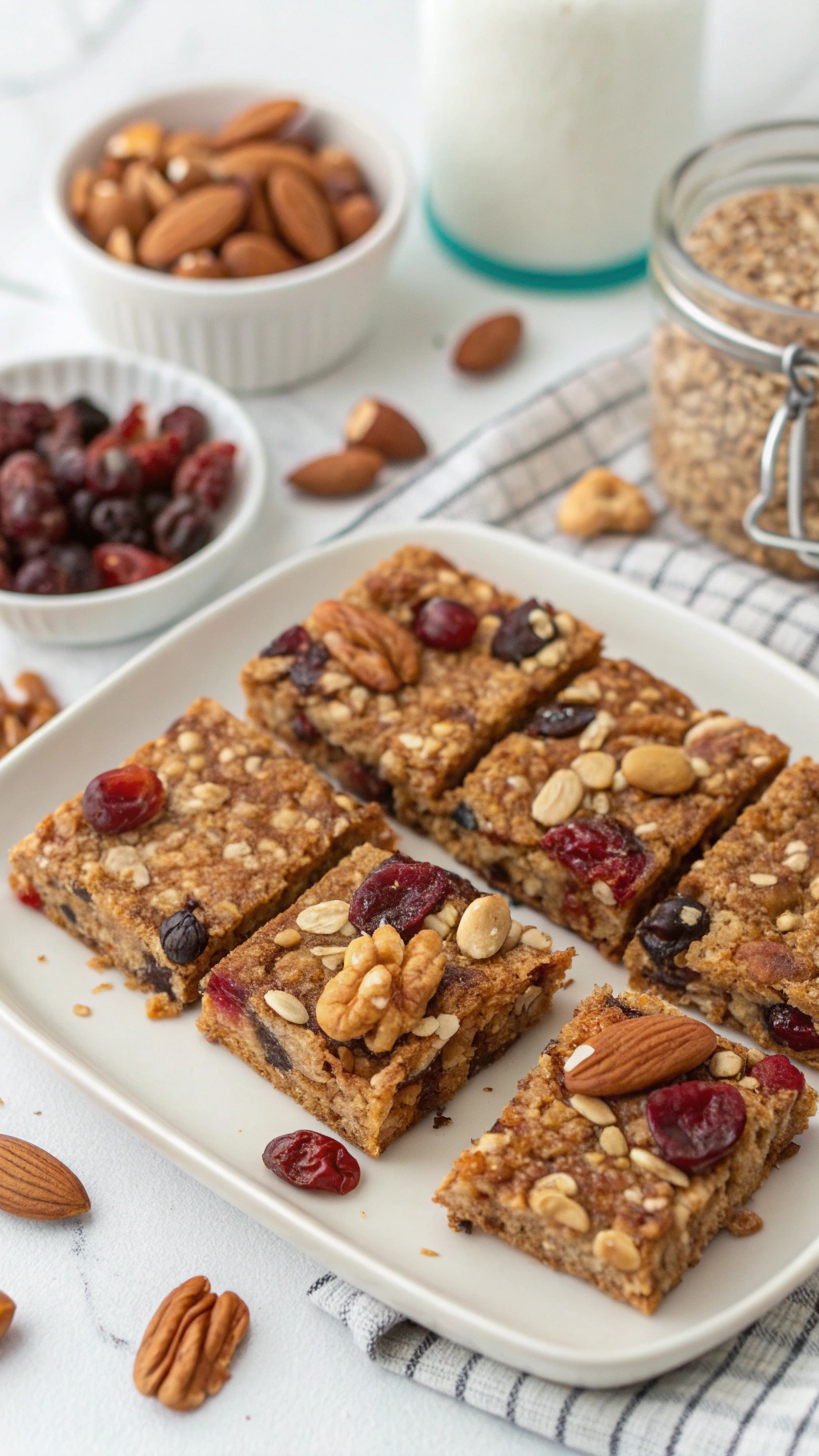 Homemade fruit and nut breakfast bars on a plate, surrounded by nuts and dried fruits.