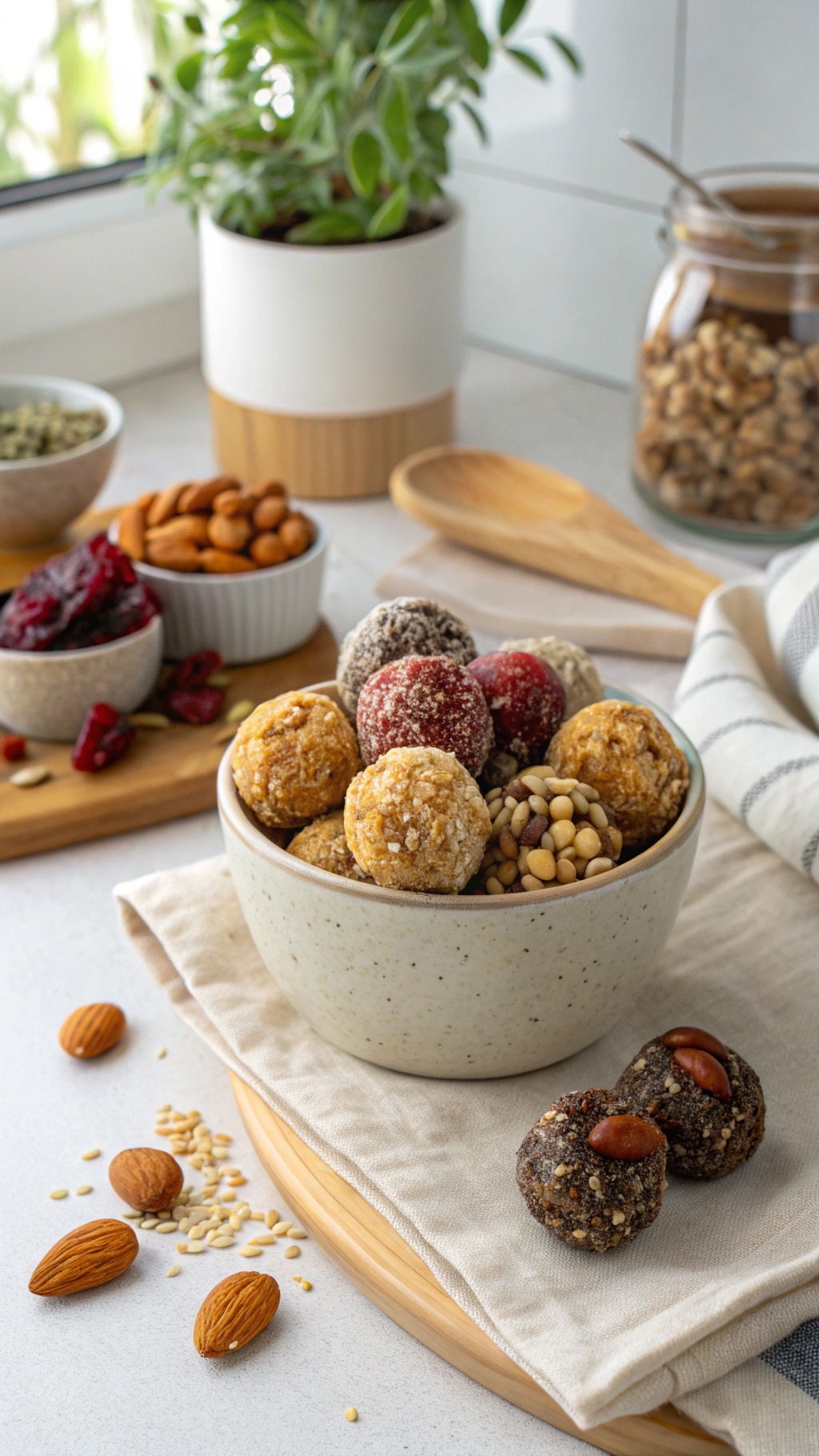 A bowl of colorful fruit and nut energy balls surrounded by nuts and seeds on a table.
