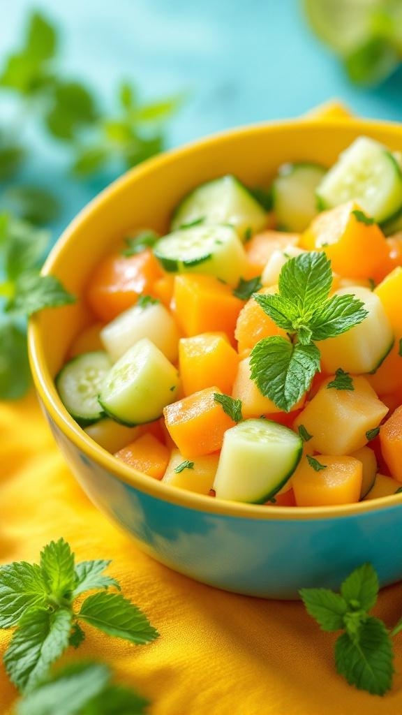 A vibrant cucumber salad with melon and mint in a blue bowl, set on a bright yellow cloth.