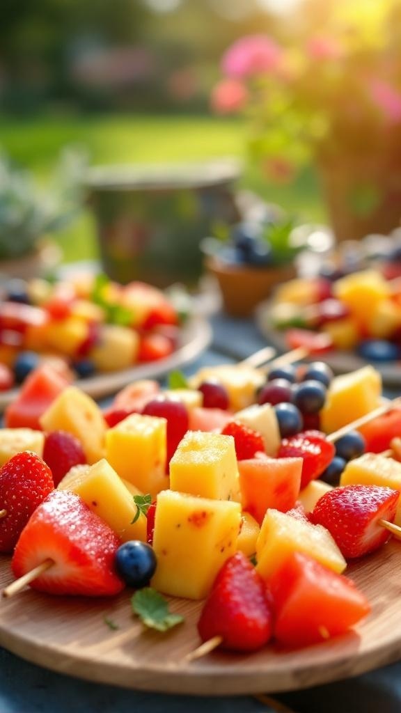 Colorful fruit skewers with strawberries, pineapple, watermelon, and blueberries on a wooden platter