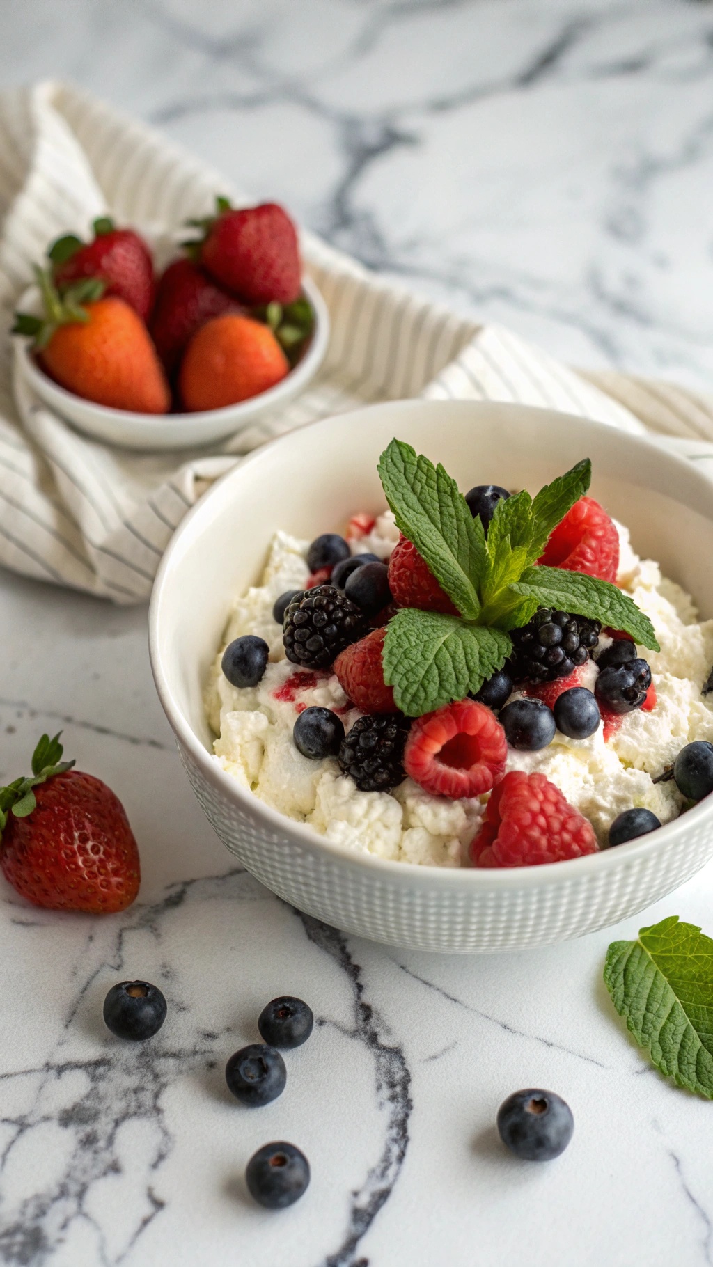 A bowl of cottage cheese topped with mixed berries and mint leaves, with additional berries in the background.
