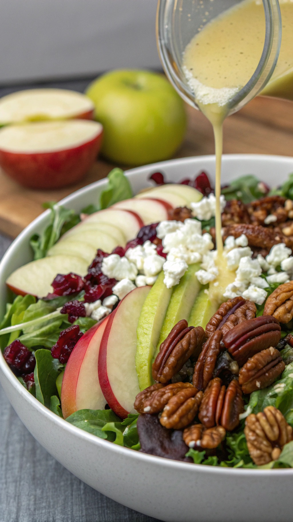 A colorful salad with mixed greens, apple slices, pecans, and cranberries, topped with a light dressing.
