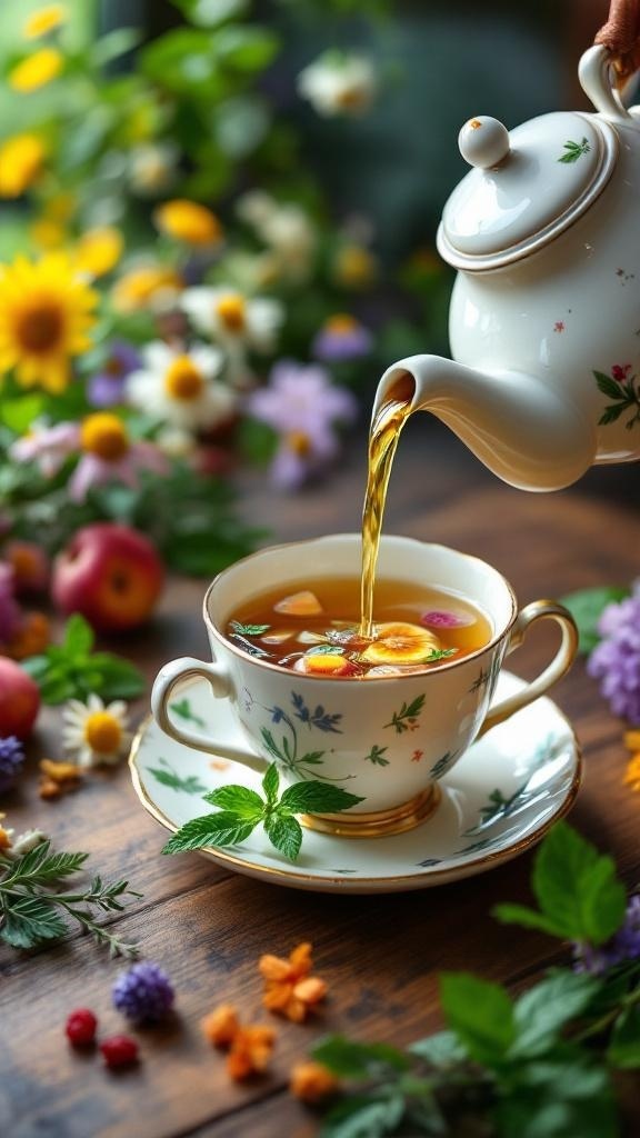 A teapot pouring herbal tea into a delicate cup surrounded by fresh fruits and flowers.