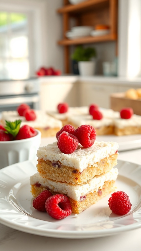 Fruity No-Bake Raspberry Coconut Bars stacked on a plate with fresh raspberries.