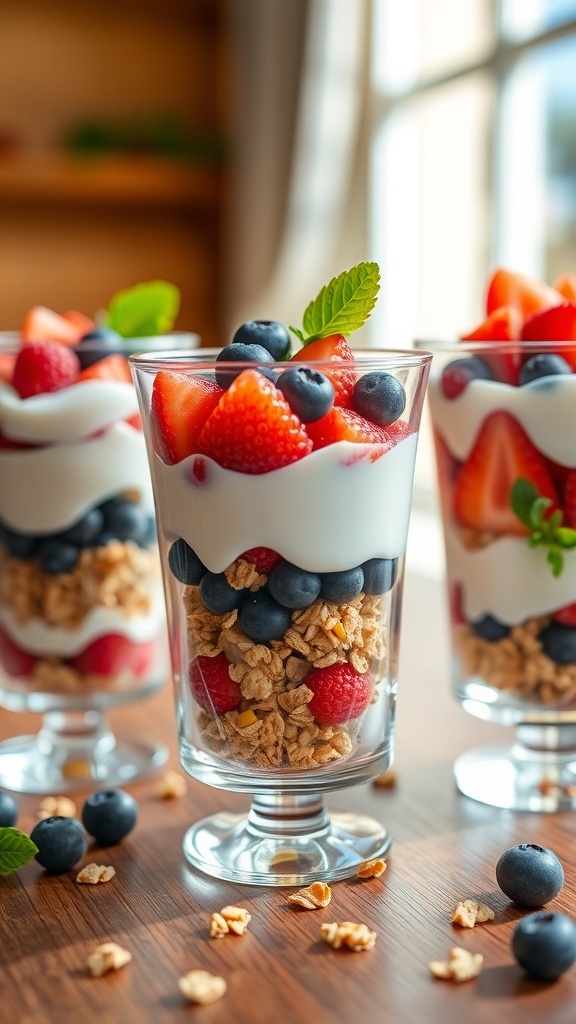 Colorful fruity superfood parfaits with yogurt, granola, and fresh fruits in glasses.