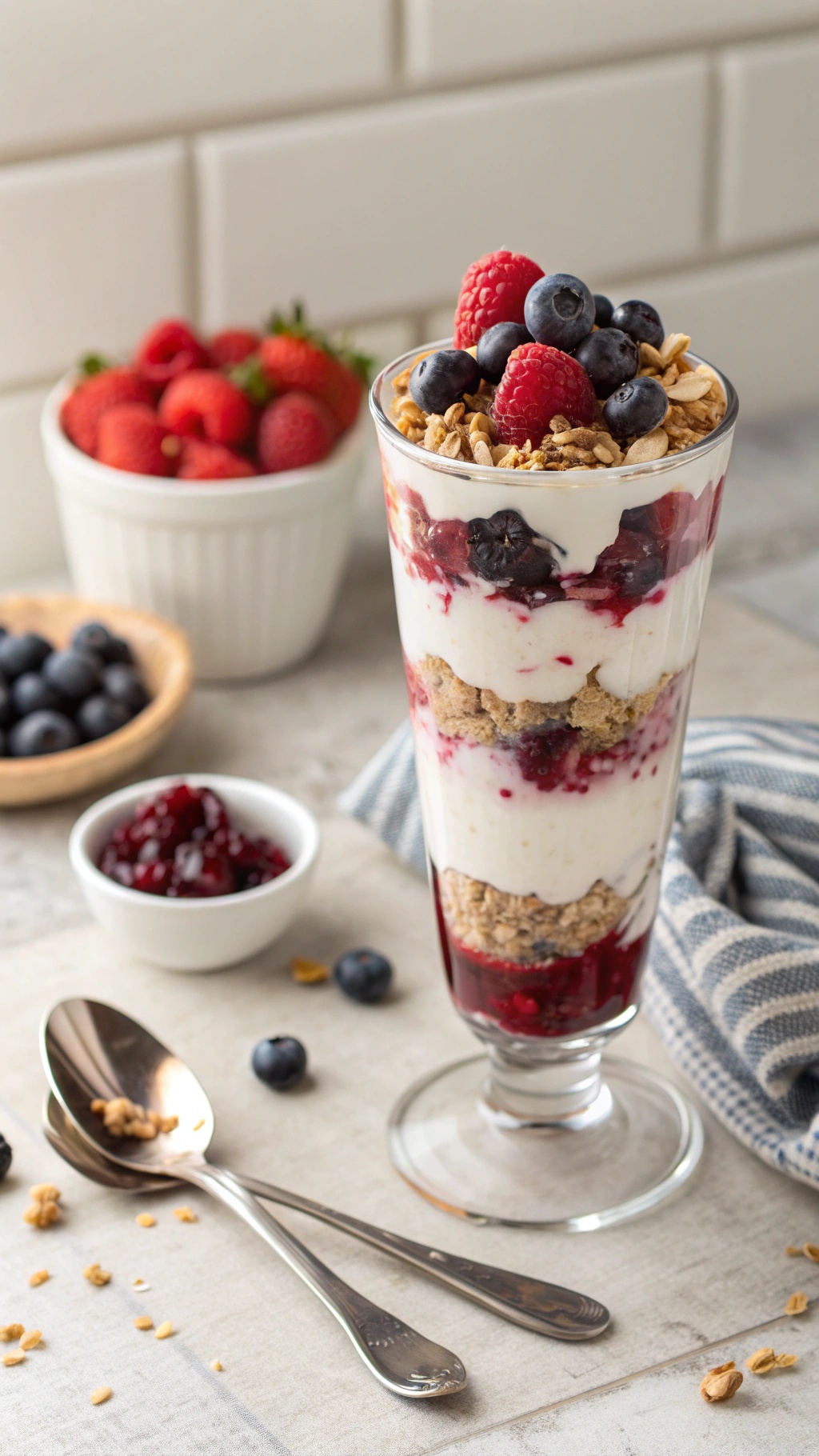 A fruity yogurt parfait layered with yogurt, granola, and berries in a glass.