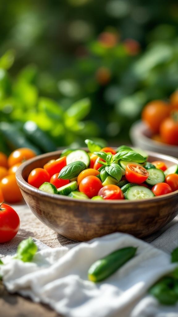 A wooden bowl filled with cucumber slices, cherry tomatoes, and fresh basil leaves, surrounded by more tomatoes and greenery.