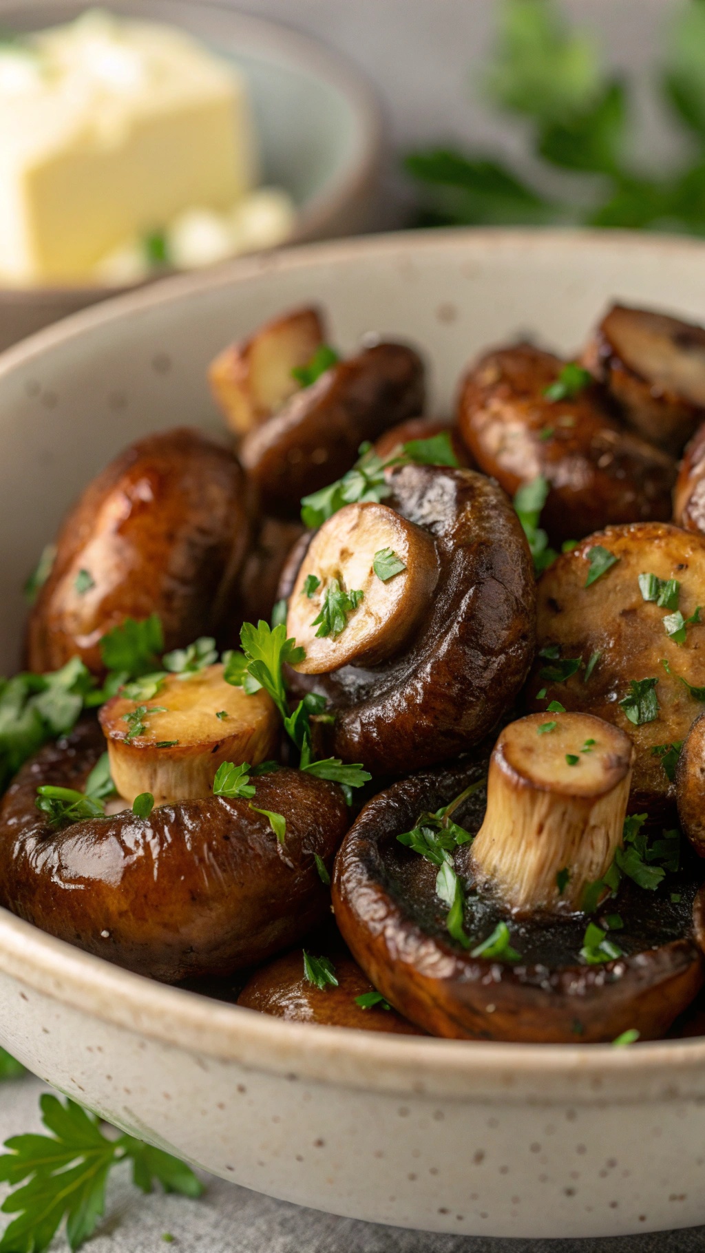 A bowl of garlic butter air fryer mushrooms garnished with parsley.