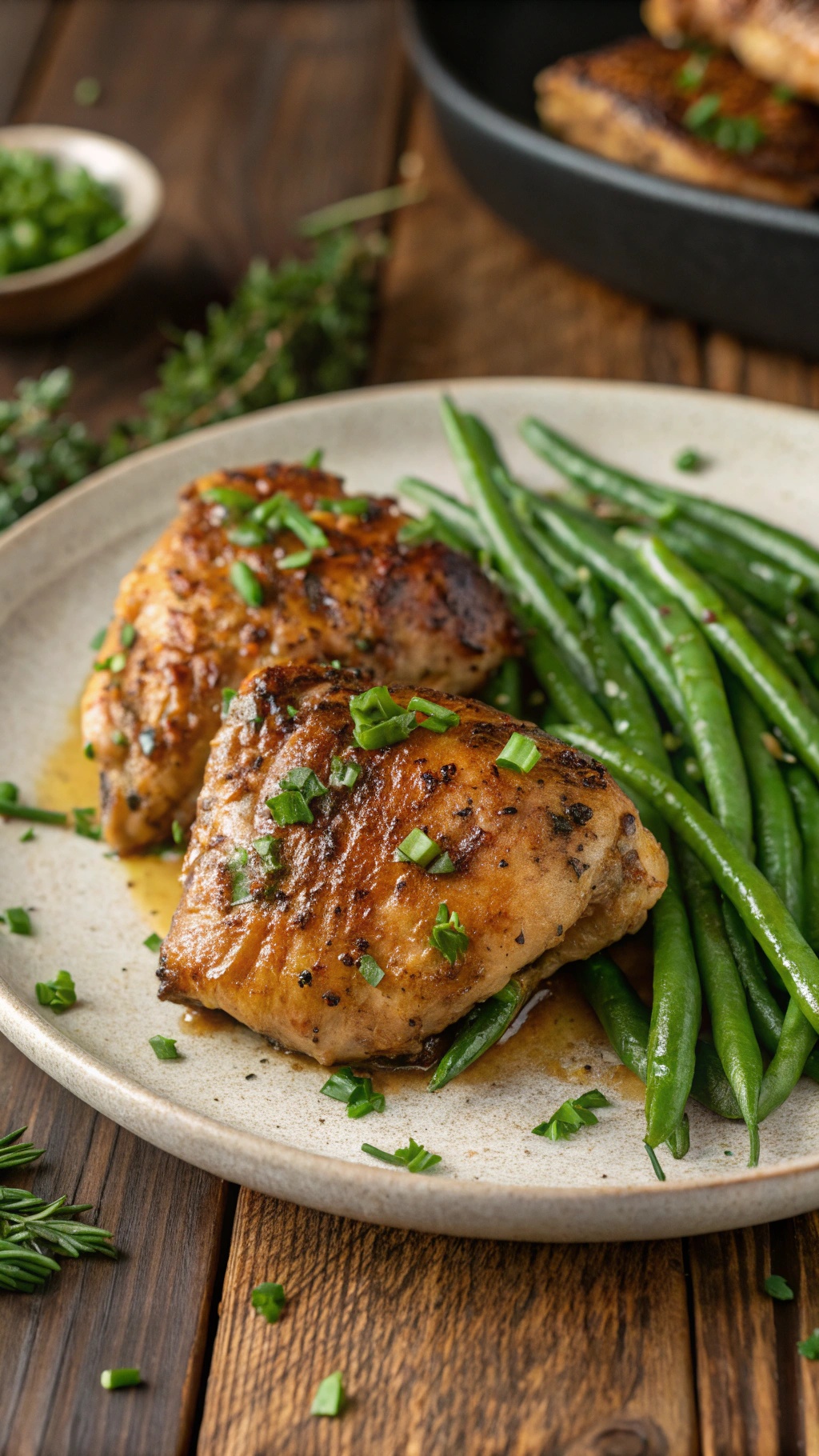 A plate of garlic butter chicken thighs with green beans, garnished with herbs.