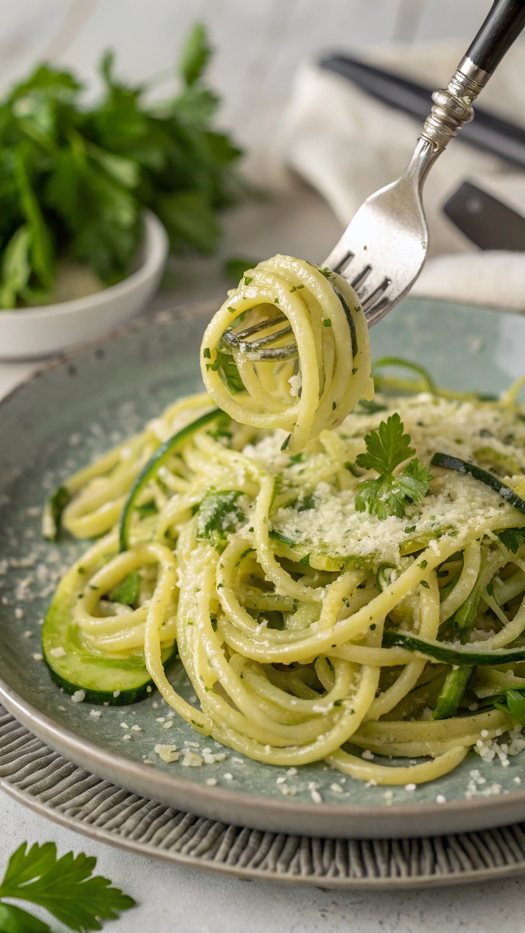 A plate of garlic butter zucchini noodles topped with cheese and herbs.