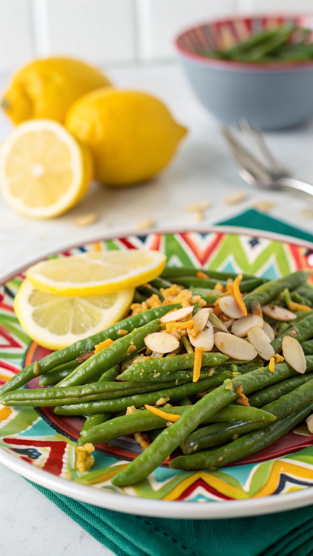 A colorful plate of Garlic Lemon Green Beans Stir-Fry garnished with slivered almonds and lemon slices.
