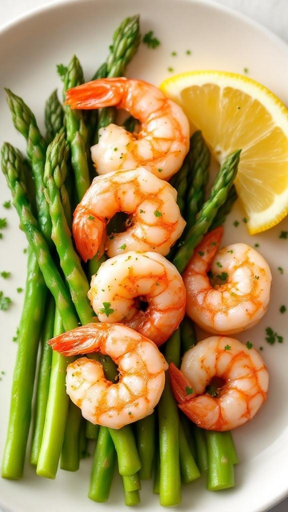 A plate of garlic lemon shrimp with asparagus and a slice of lemon.