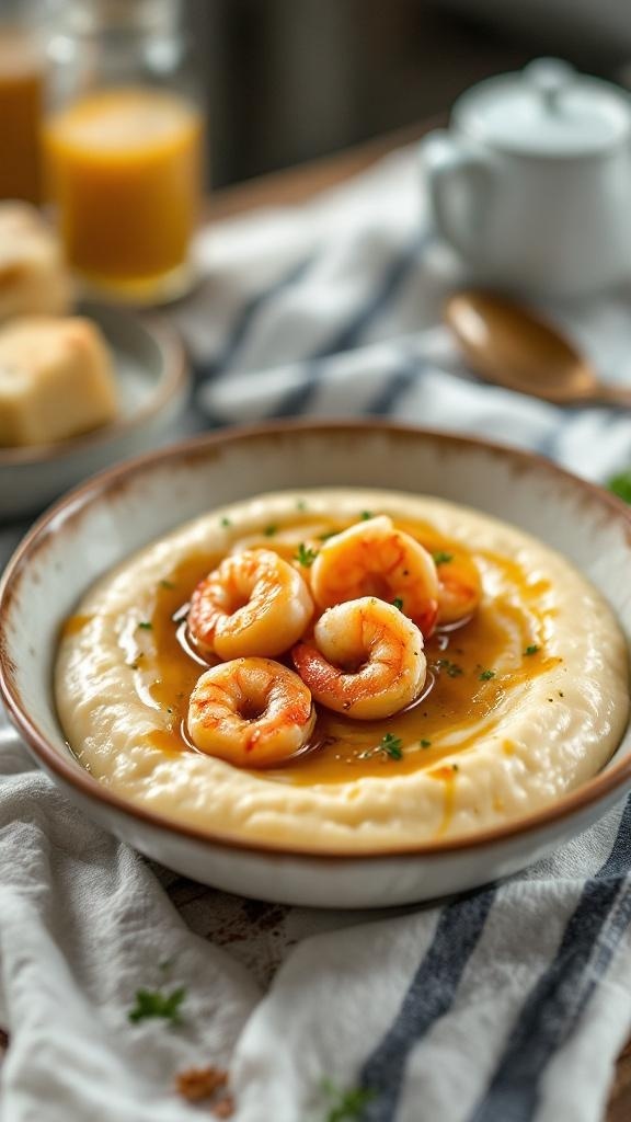 A bowl of garlic shrimp and grits topped with fresh herbs, served with a side of biscuits and juice.
