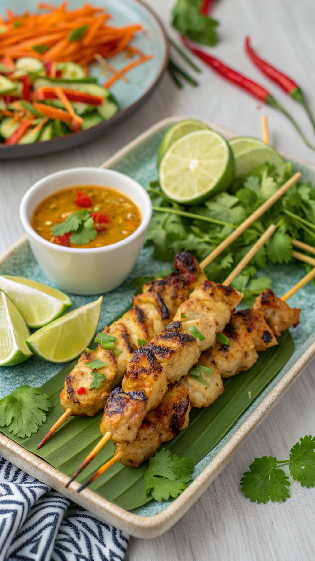 Ginger-lime grilled chicken skewers served with lime wedges and dipping sauce