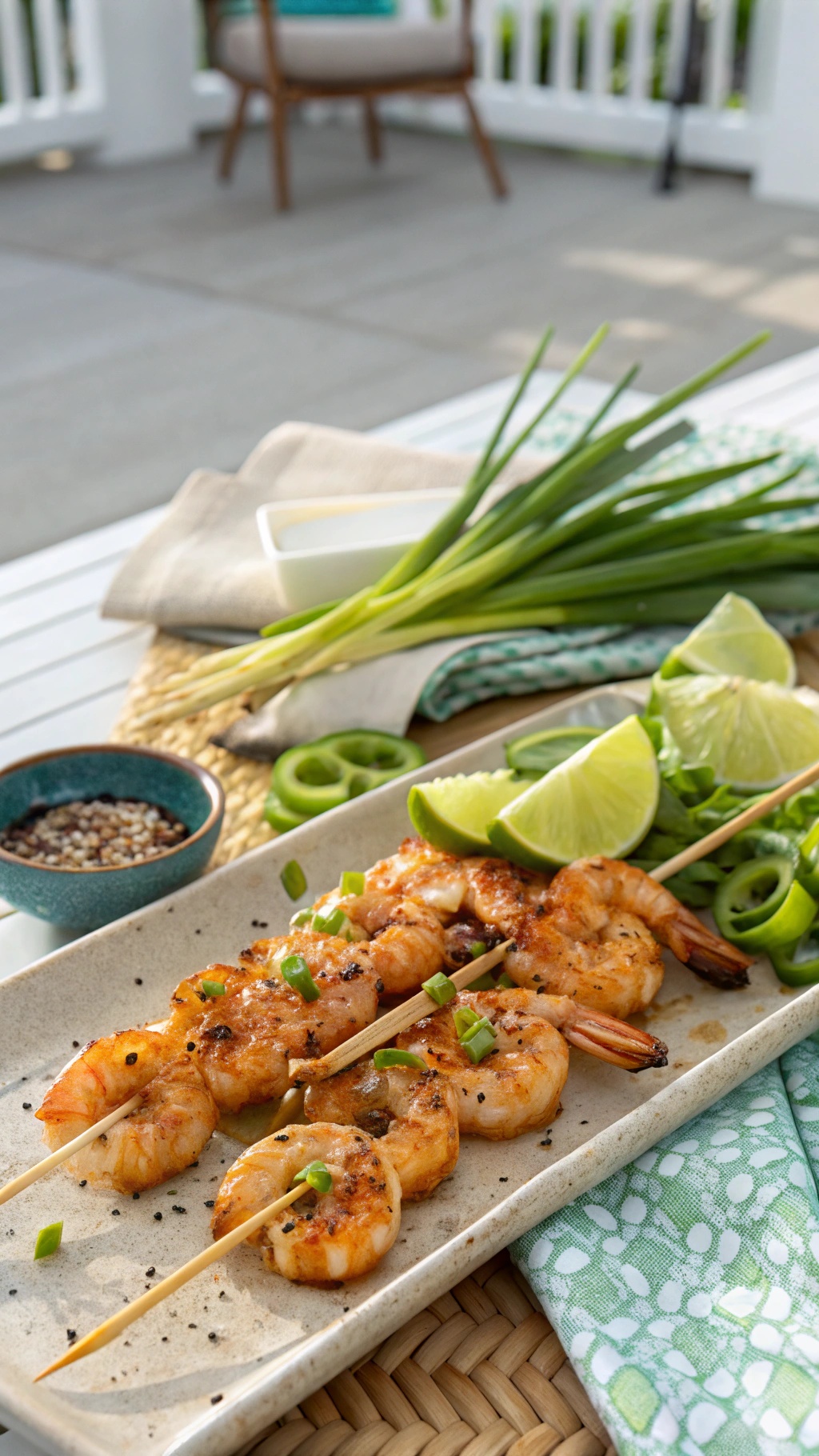 Ginger-sesame grilled shrimp skewers with lime and green onions on a plate