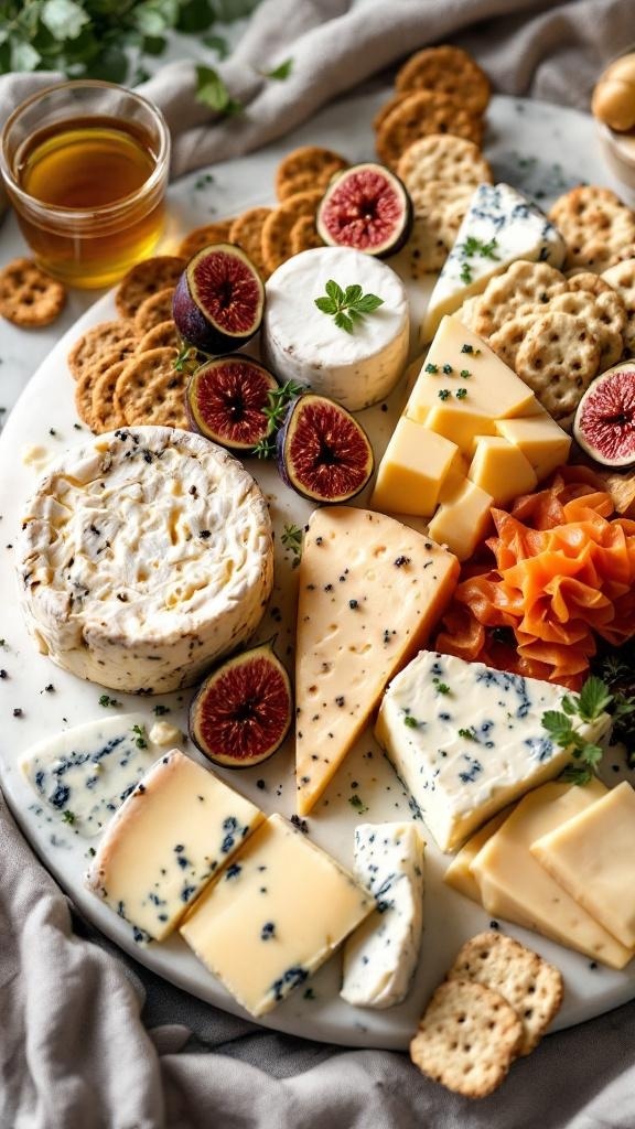 A gourmet cheese board featuring various cheeses, fresh figs, crackers, and honey.