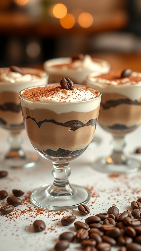 Gourmet No-Bake Mocha Tiramisu Cups with coffee beans and cocoa powder on top.