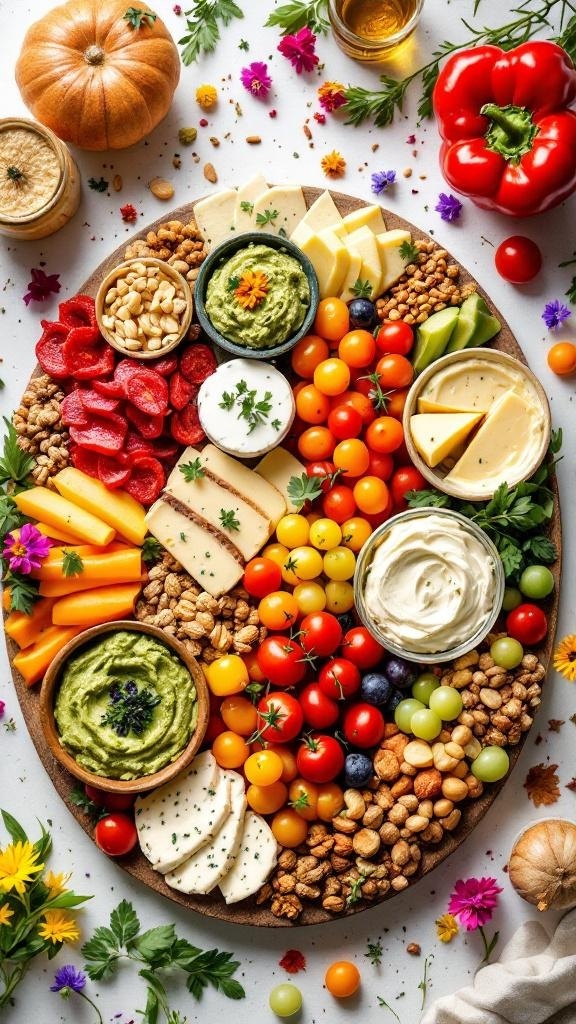 A colorful vegan charcuterie board featuring fresh vegetables, nuts, vegan cheese, and dips.