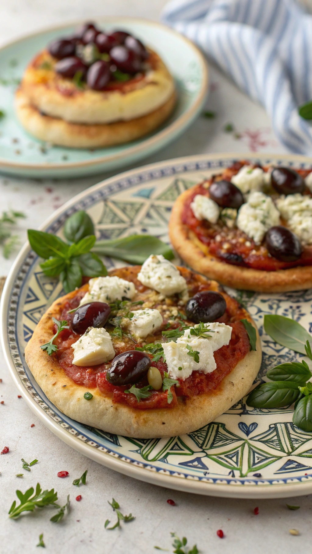 Greek mini pizzas topped with olives and feta cheese on a decorative plate