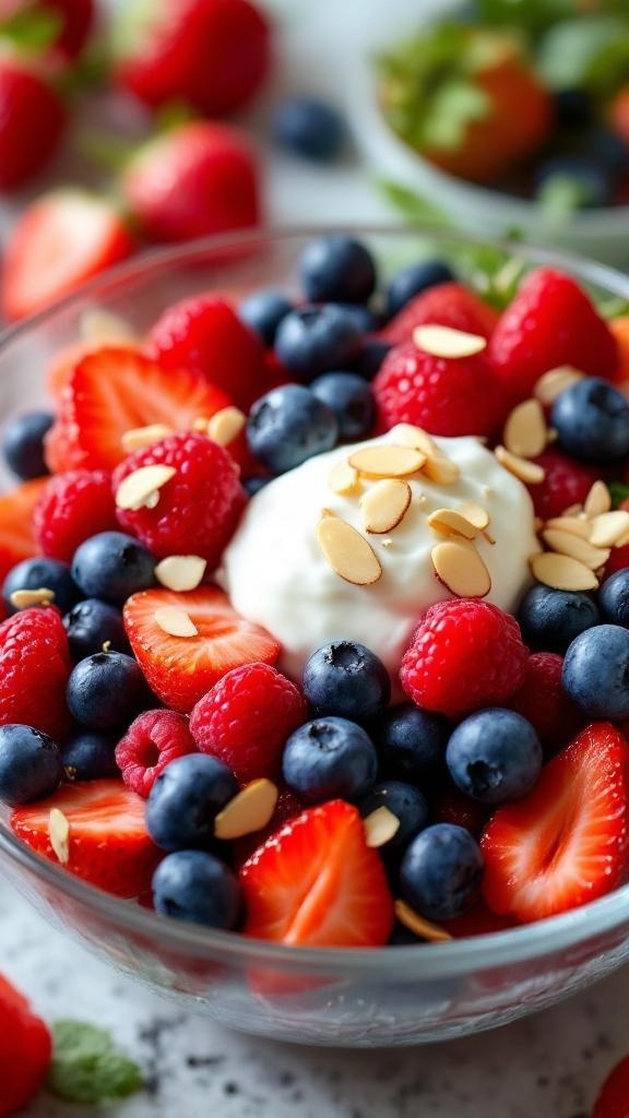 A bowl of Greek yogurt topped with fresh berries and sliced almonds.