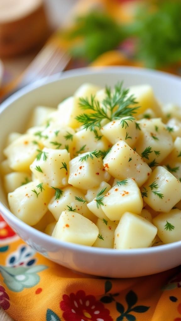 A bowl of Greek yogurt dill potato salad with diced potatoes and fresh dill