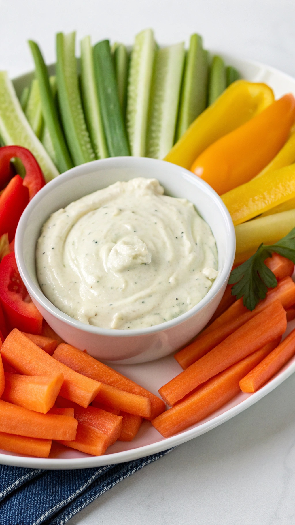 A plate with Greek yogurt dip and colorful veggie sticks including carrots, celery, and bell peppers.