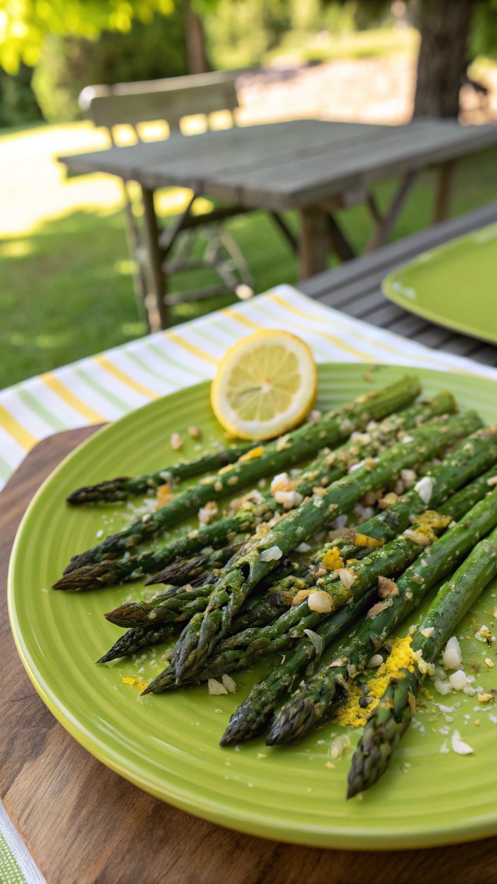 A plate of grilled asparagus with garlic and lemon, garnished with lemon slices and nuts, set outdoors.