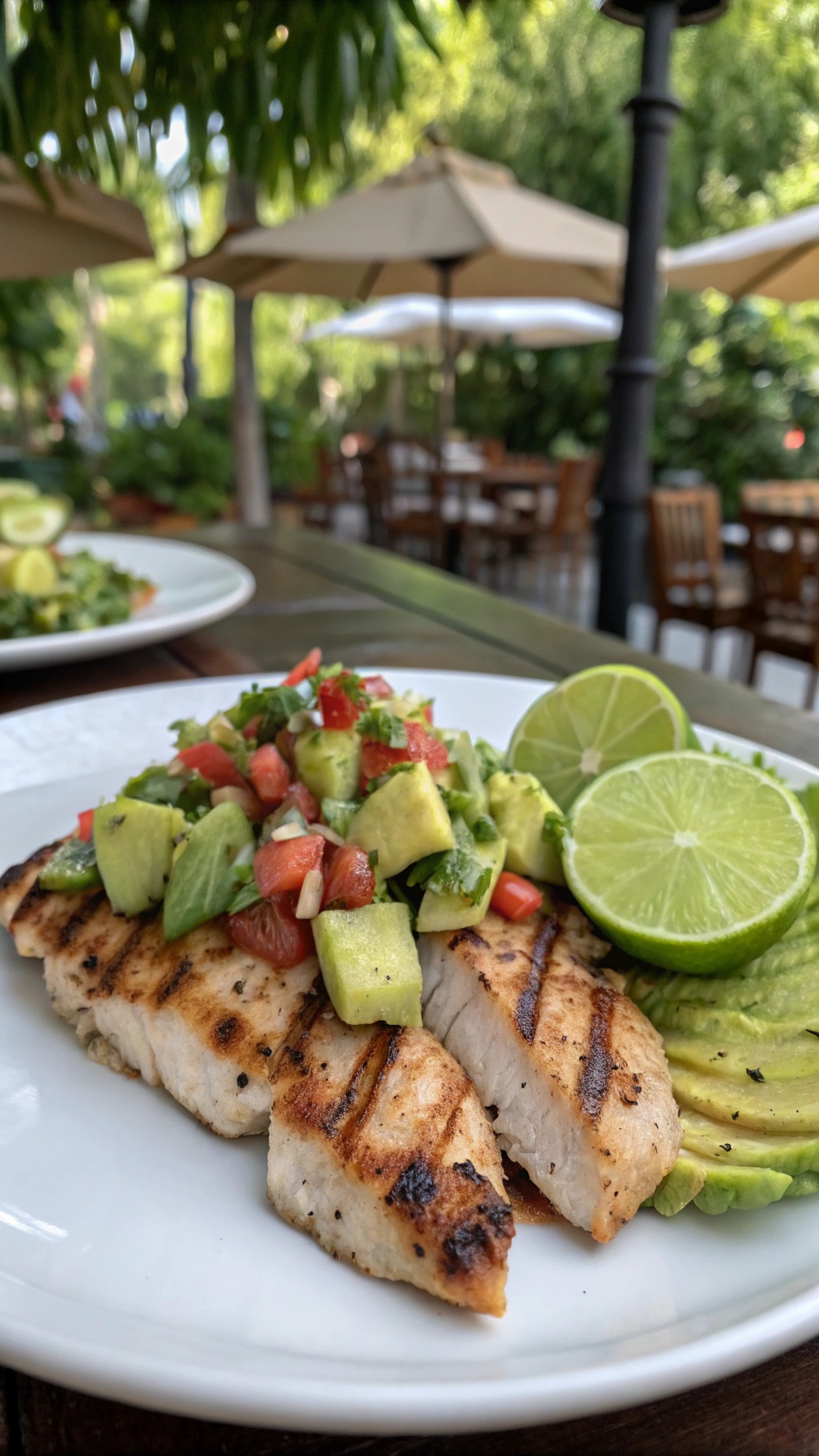 Grilled chicken breast topped with avocado salsa and lime slices on a white plate.
