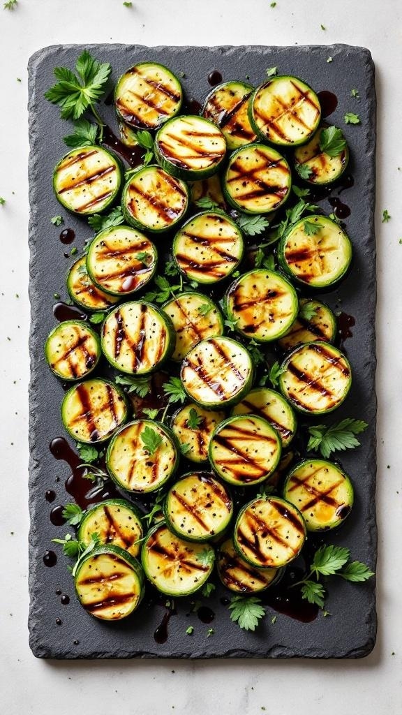 Grilled cucumber salad with balsamic glaze on a slate platter