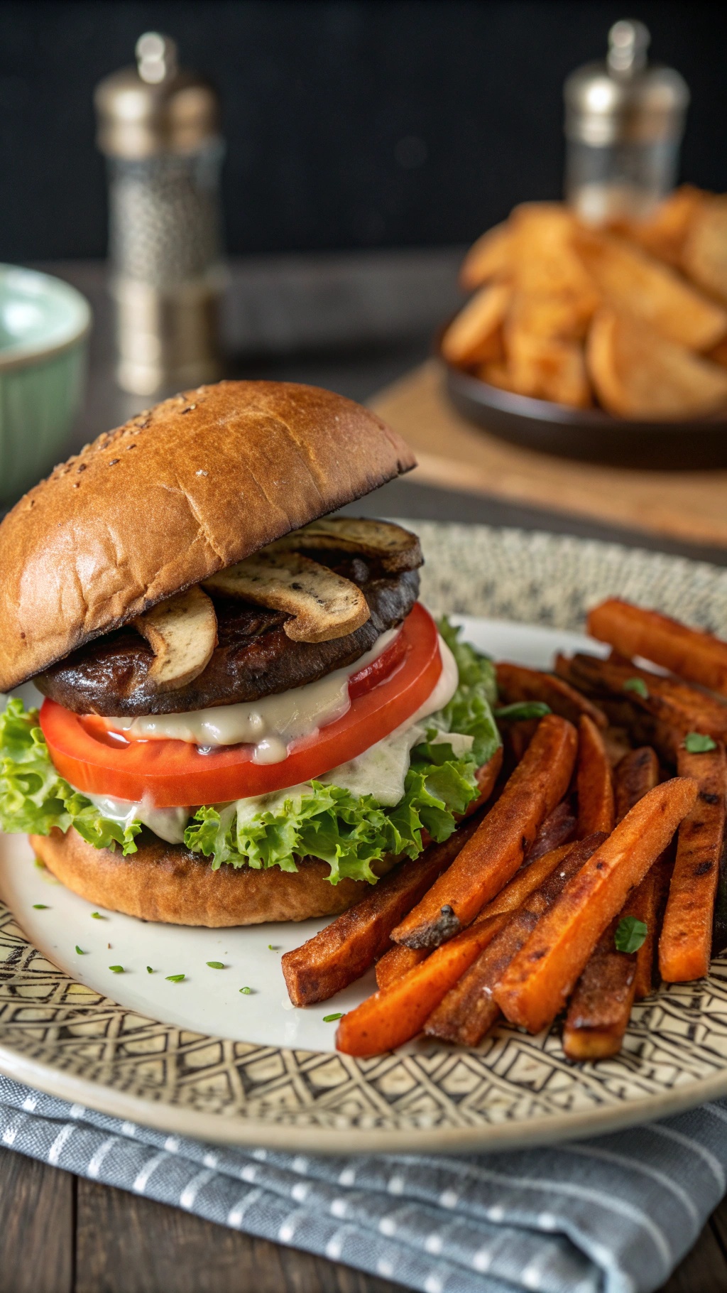A grilled Portobello mushroom burger with lettuce, tomato, and sweet potato fries on the side.