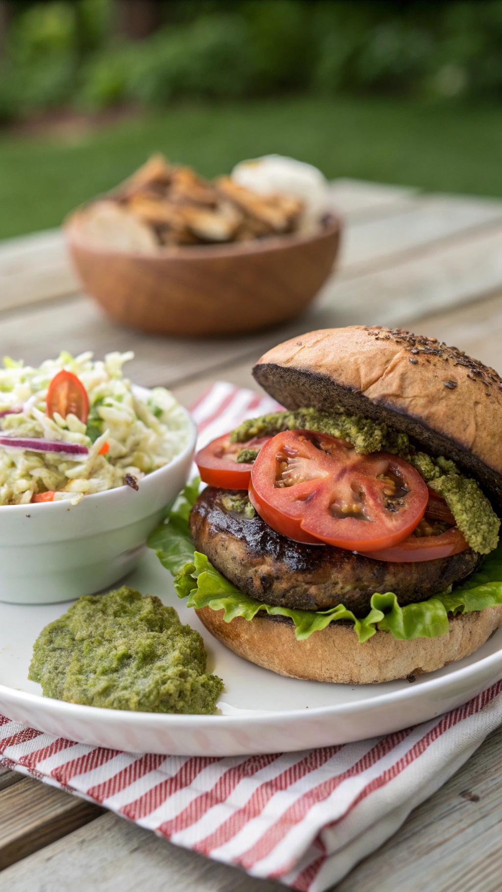 Grilled Portobello mushroom burger with lettuce, tomato, and green sauce, served with coleslaw.