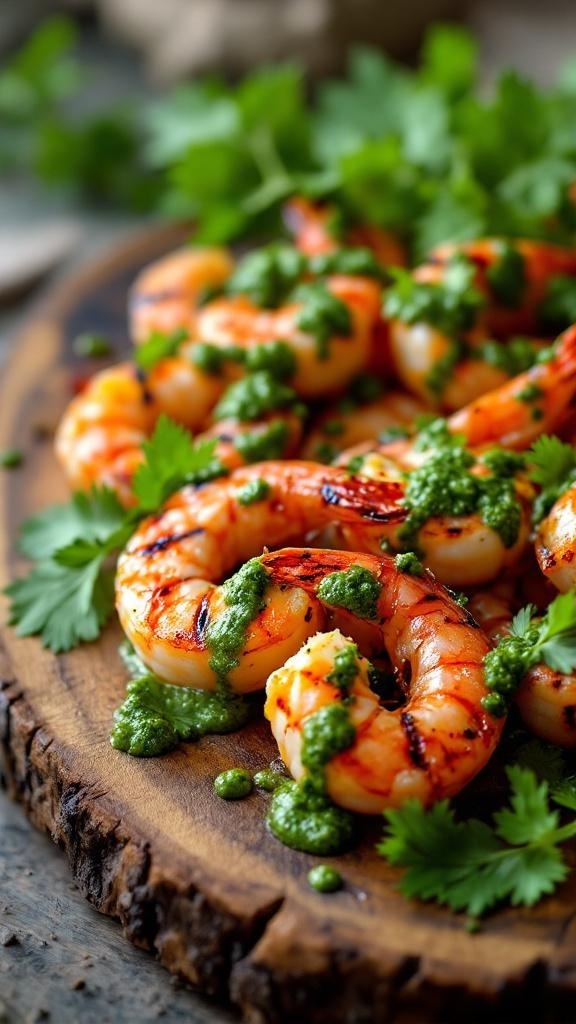 Grilled shrimp topped with chimichurri sauce on a wooden platter
