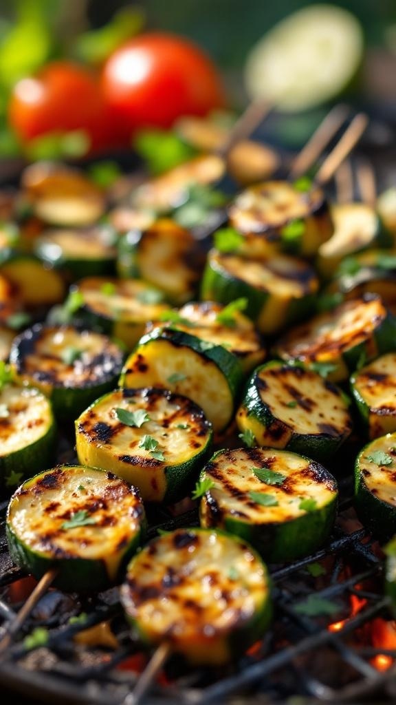 Grilled zucchini skewers with herbs on a grill