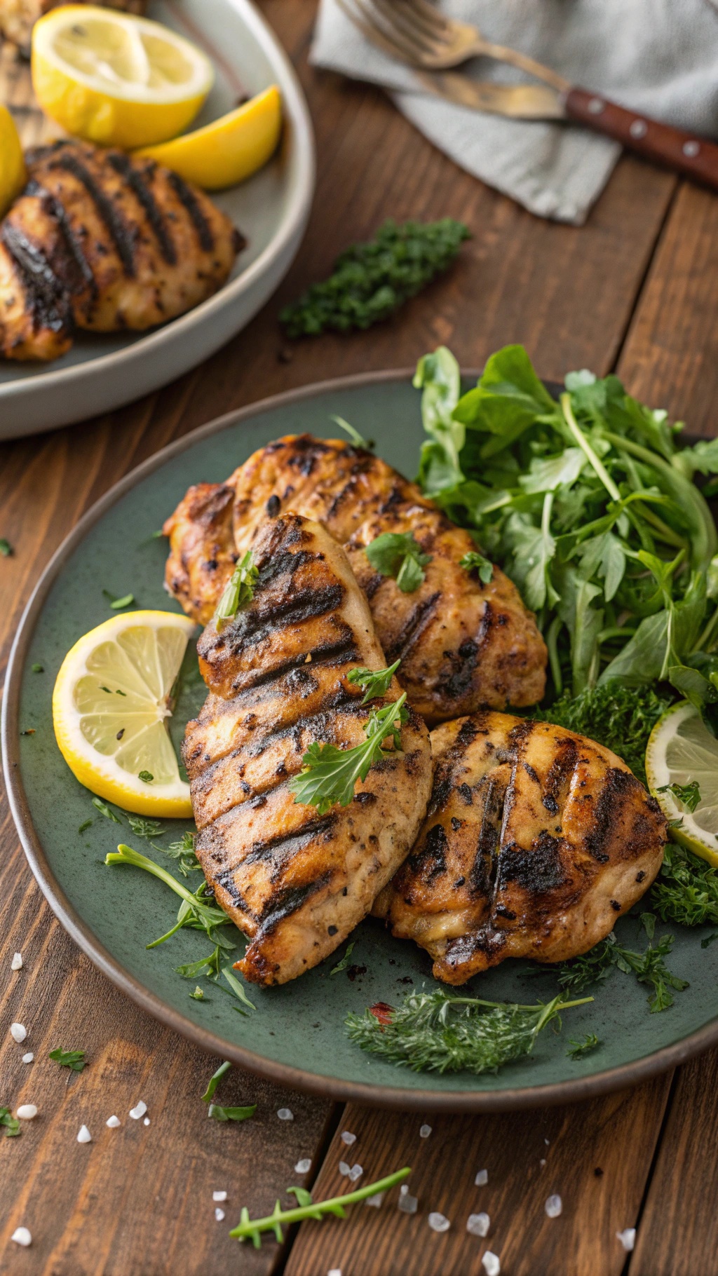 Grilled lemon herb chicken thighs on a plate with lemon wedges and greens.