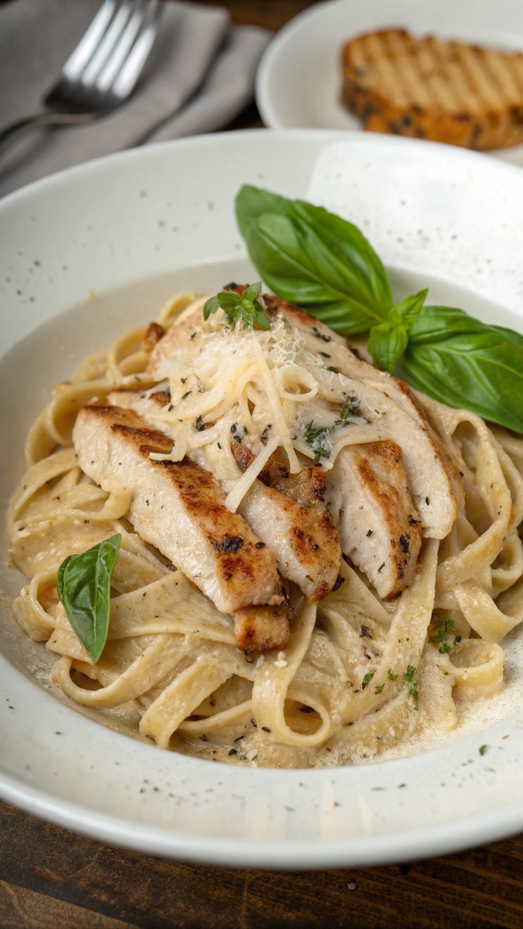 A plate of Chicken Alfredo with grilled chicken, fettuccine pasta, and fresh basil.