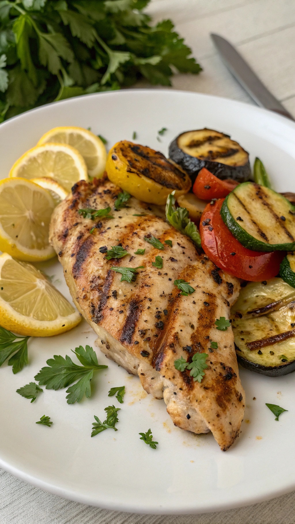 Grilled lemon herb chicken served with colorful grilled vegetables