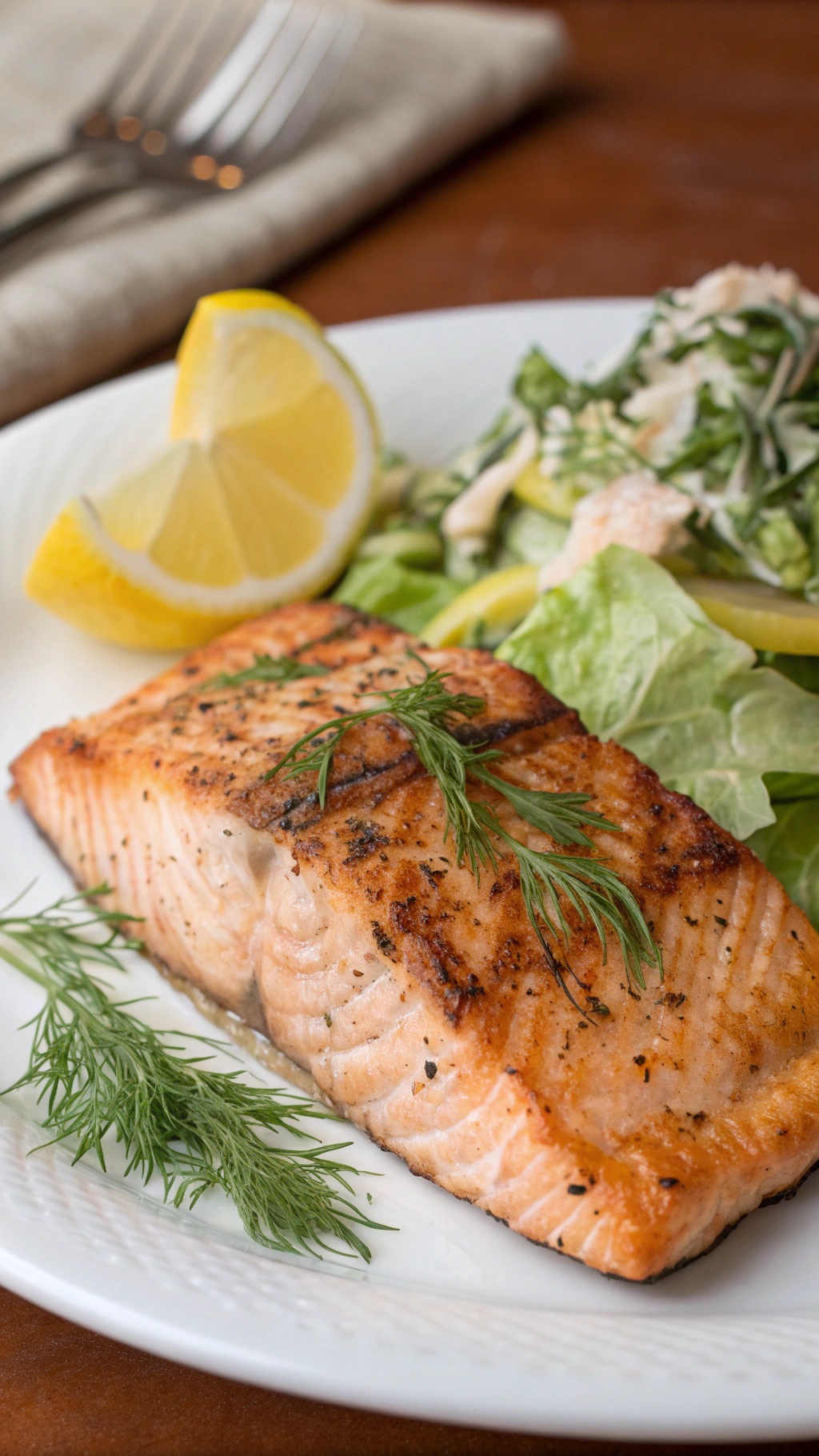 Grilled salmon fillet with dill and lemon on a plate, served with a side salad.