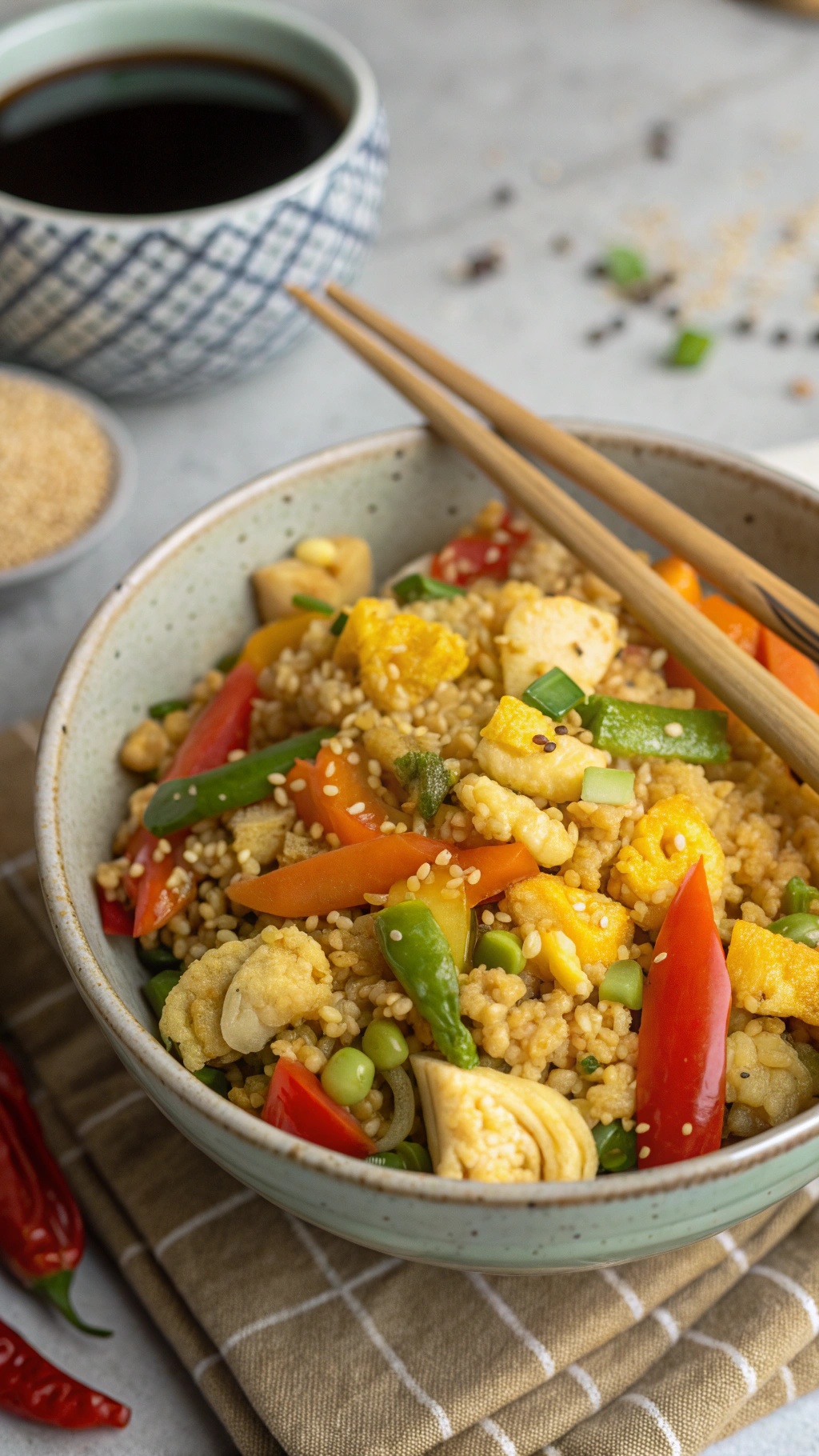 A bowl of colorful cauliflower rice stir-fry with vegetables and chopsticks