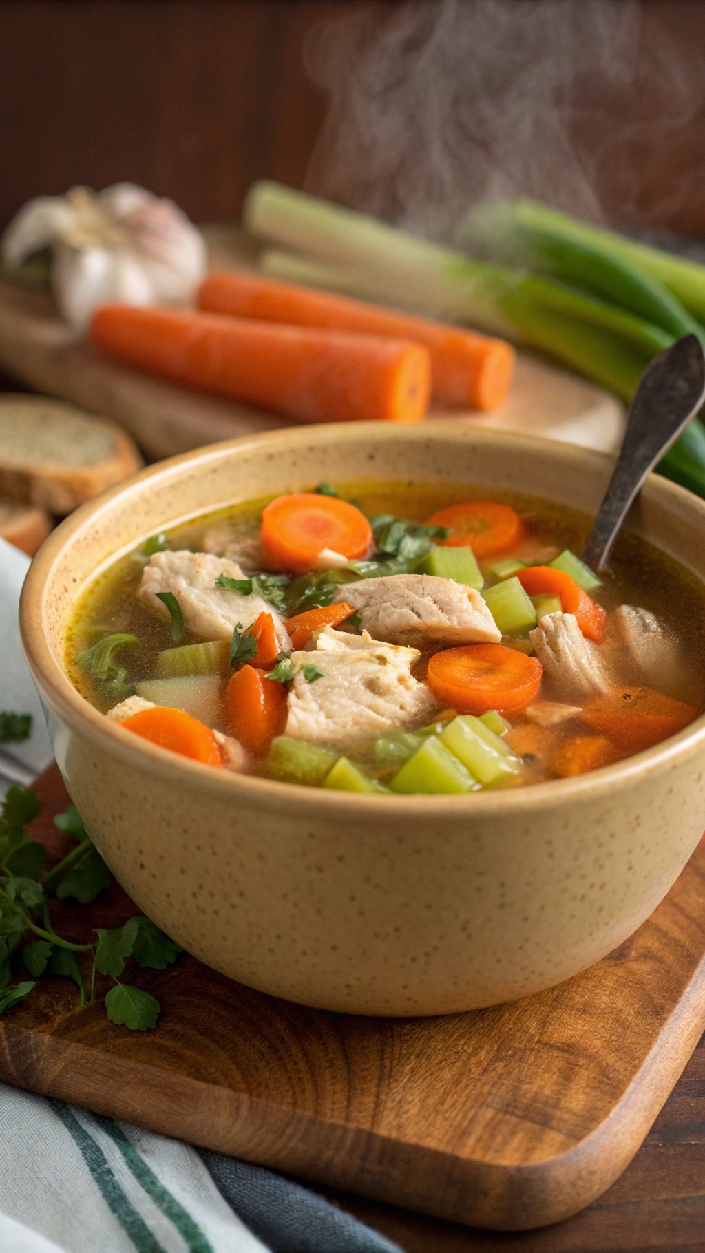 A warm bowl of chicken and vegetable soup with carrots, celery, and green onions.