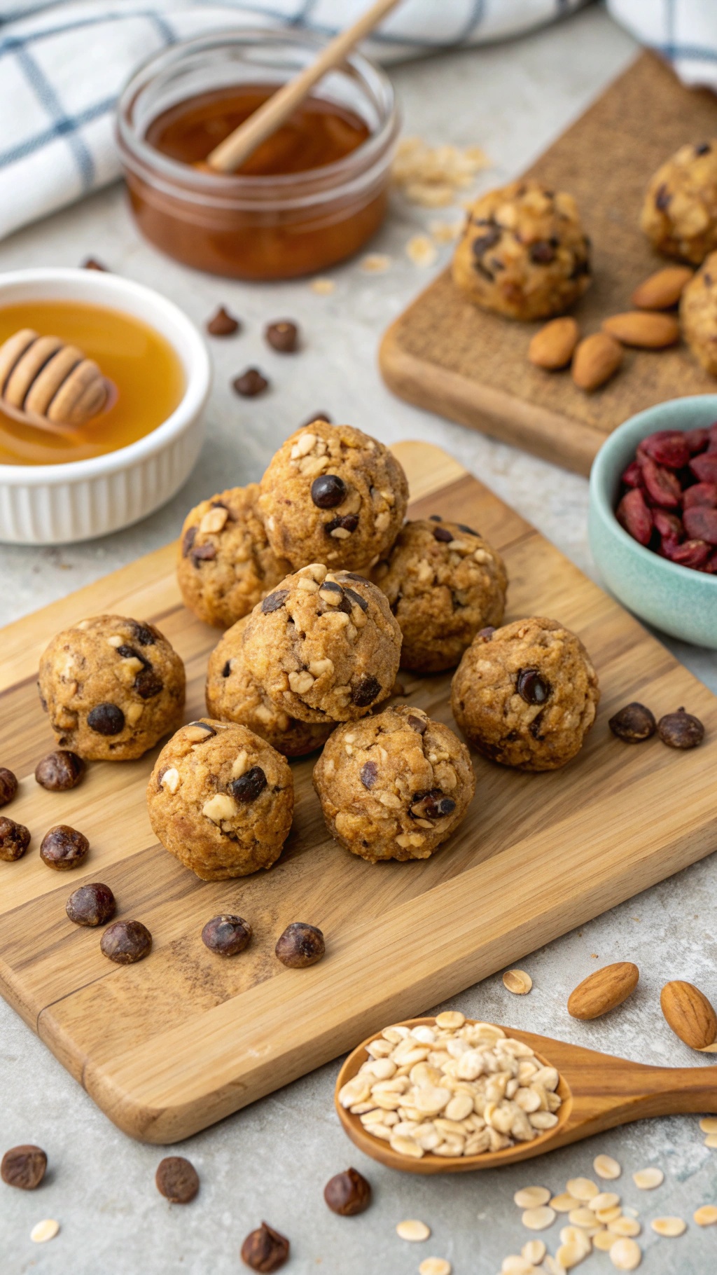 A wooden board with healthy energy bites made from oats, nuts, and chocolate chips, alongside honey and dried fruits.