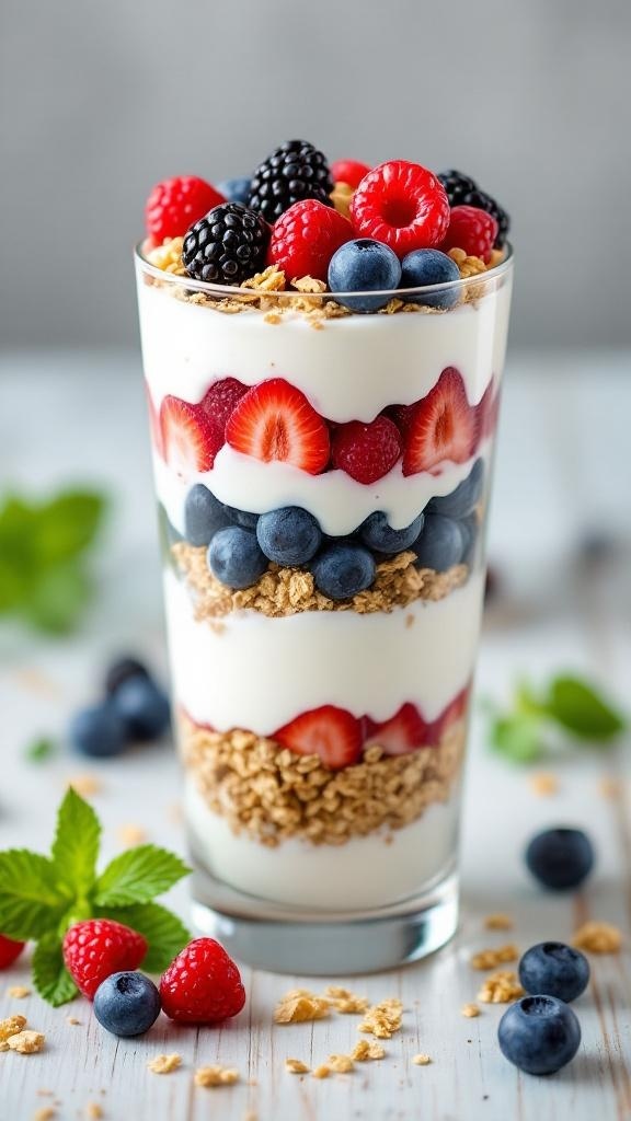 A healthy yogurt parfait with layers of yogurt, granola, and fresh berries in a glass.