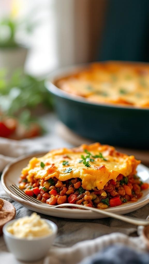 A serving of vegan sweet potato shepherd's pie on a plate, topped with creamy mashed sweet potatoes and a colorful vegetable filling.