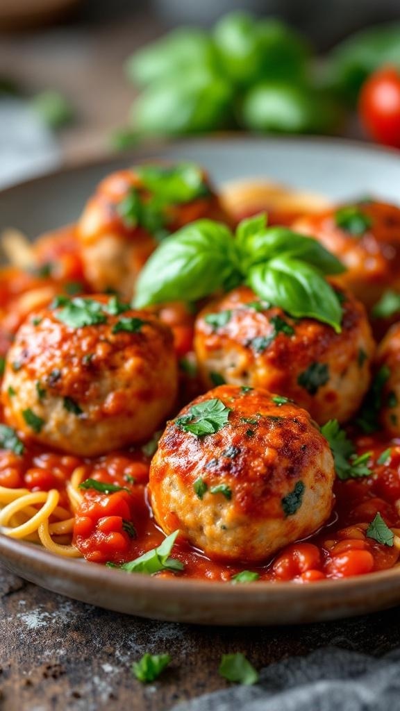 Turkey and spinach meatballs served in marinara sauce with fresh herbs