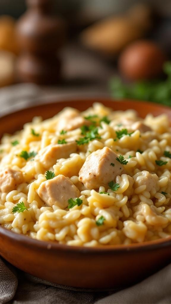 A bowl of creamy chicken and rice casserole, featuring tender chicken pieces and a sprinkle of fresh herbs.