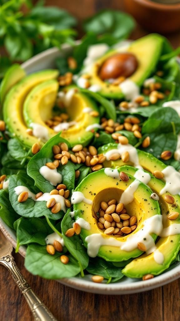 A hearty avocado and spinach salad with pine nuts and dressing.